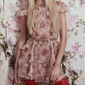 For Love & Lemons tan ruffle floral Botanic Butterfly mini dress Size Small